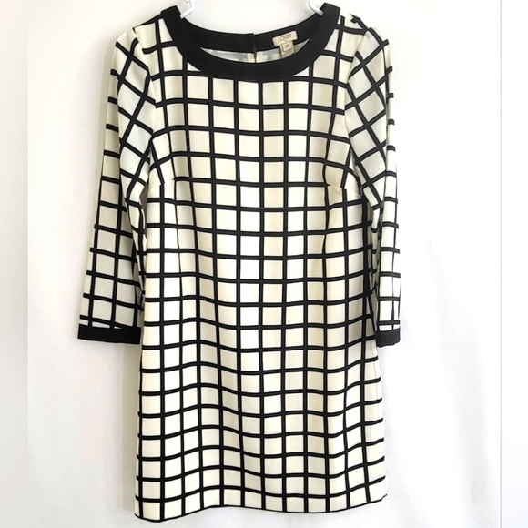 J.Crew Womens 3 Quarter Sleeve Checkered Black White Dress Size 00 Back Button - Picture 1 of 8